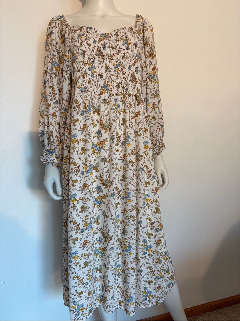 #875 a.n.a BoHo White Floral Smocked Maxi Dress with Blue and Yellow Blossoms - Picture 1 of 11